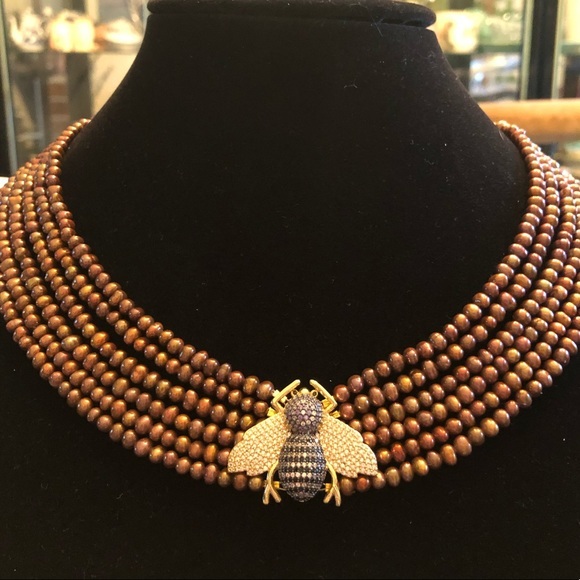 6 Row Genuine Cultured Golden Pearl Necklace with Pave Bee - Picture 11 of 11